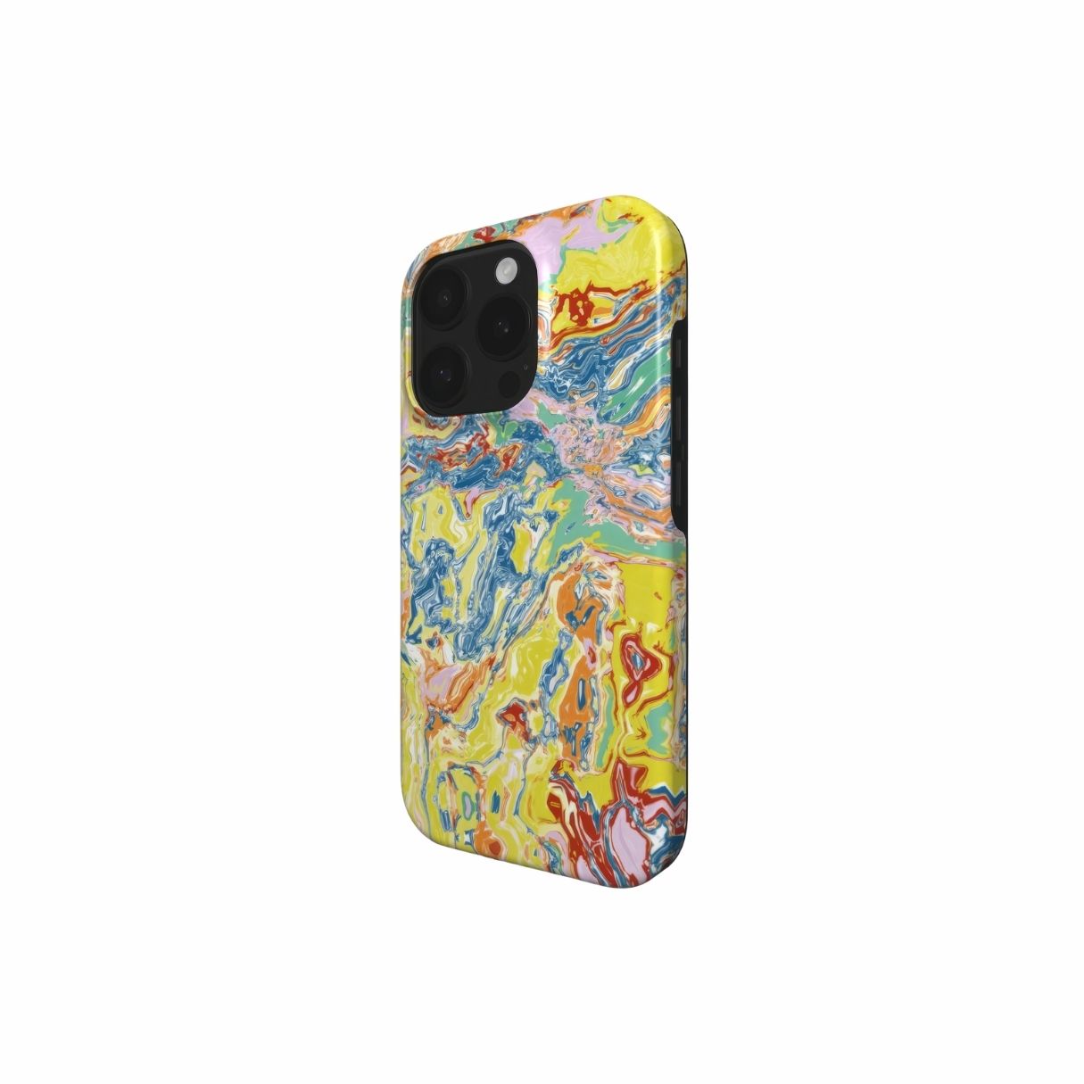 Tough phone case with a bold vivid pattern Yell Ow abstract and artistic style, featuring an elegant and expressive aesthetic design. Main colors are yellow and blue. Side view.
