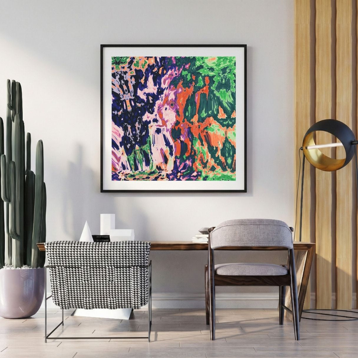 Modern interior with a abstract art print on the wall, chair, and potted plant.