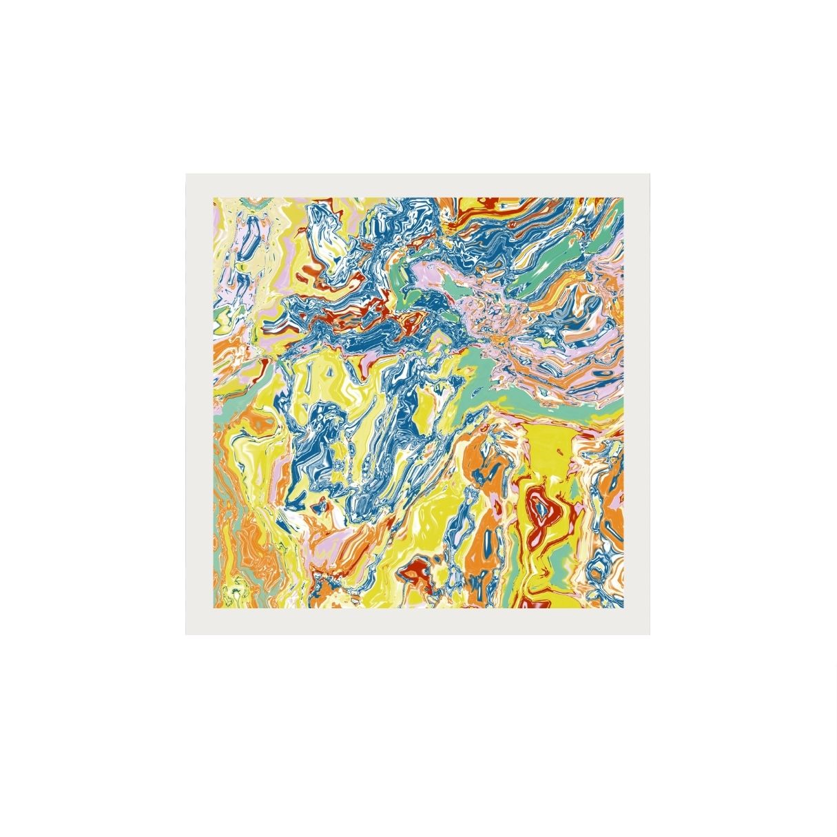 Colorful abstract print with swirling yellow patterns on a white background.